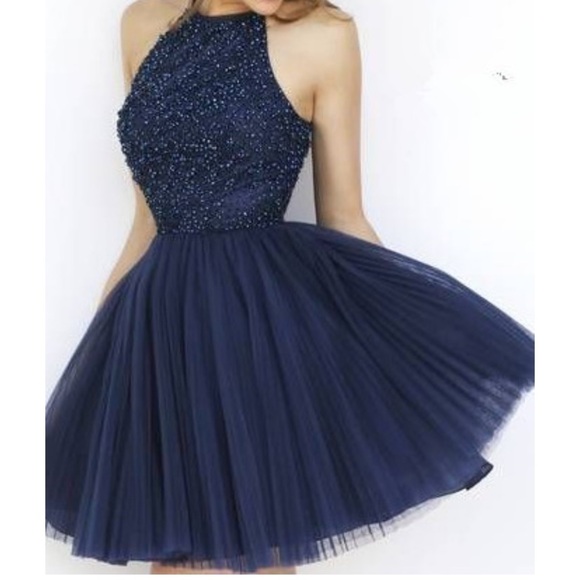 Dresses & Skirts - Navy Blue Halter Sleeveless Satin Beaded & Tulle Mini Dress Keyhole Back